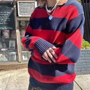 Brandy Melville Red and Navy Striped Knit Sweater M/L